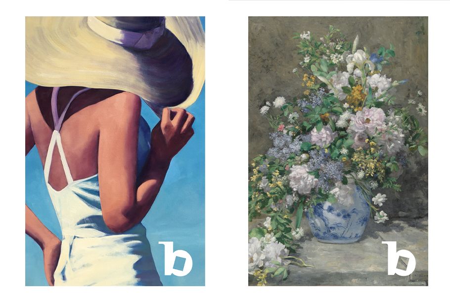 Fotografien von zwei Ölgemälden von der Bildagentur „Bridgeman Images – Special Content“: Eines zeigt eine Frau mit Sonnenhut, das andere einen Blumenstrauß in einer Vase.